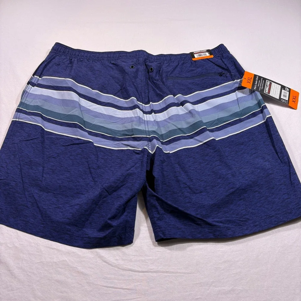 Kirkland Signature Mens Swim‎ Shorts XXL Blue Stripe Elastic Waist Pockets